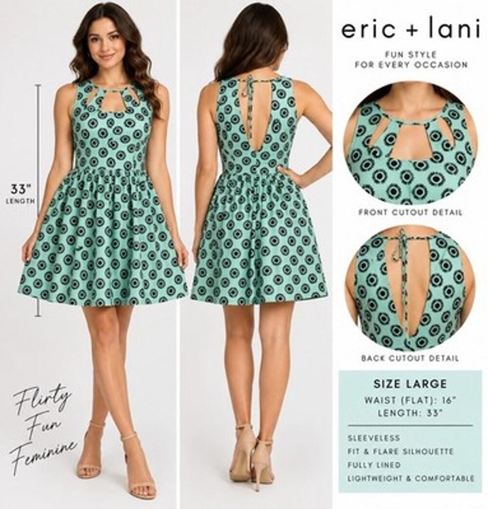 Eric + Lani Dress Size Large Mint TealBlack Floral Fit Flare Skater Cutout Back